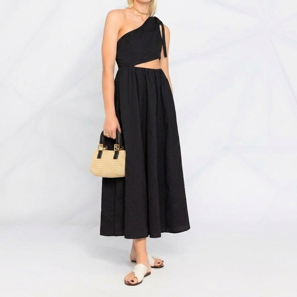 Marysia Resort One Shoulder Cutout Midi Dress‎ Seersucker Cotton Black Women S